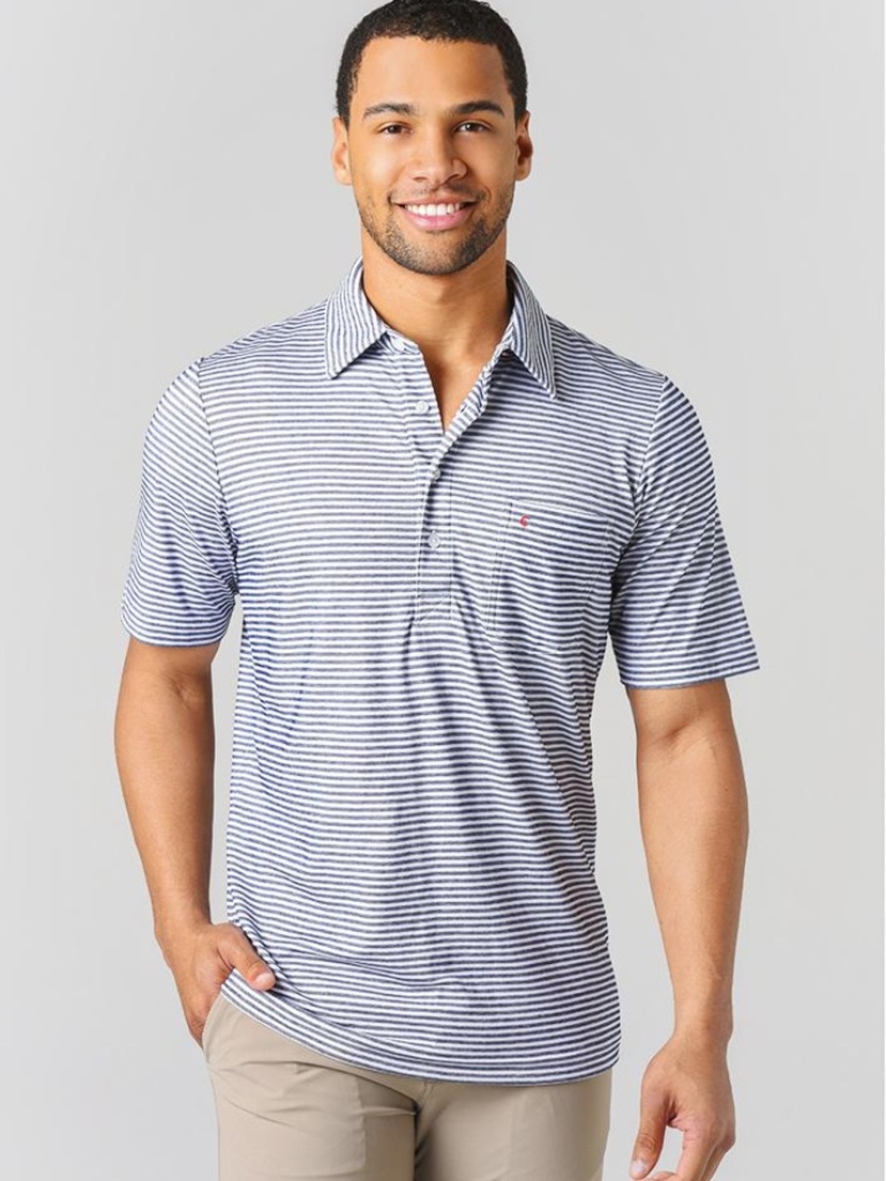 Criquet Performance Pique Players Polo Nelson Stripe Navy White Large